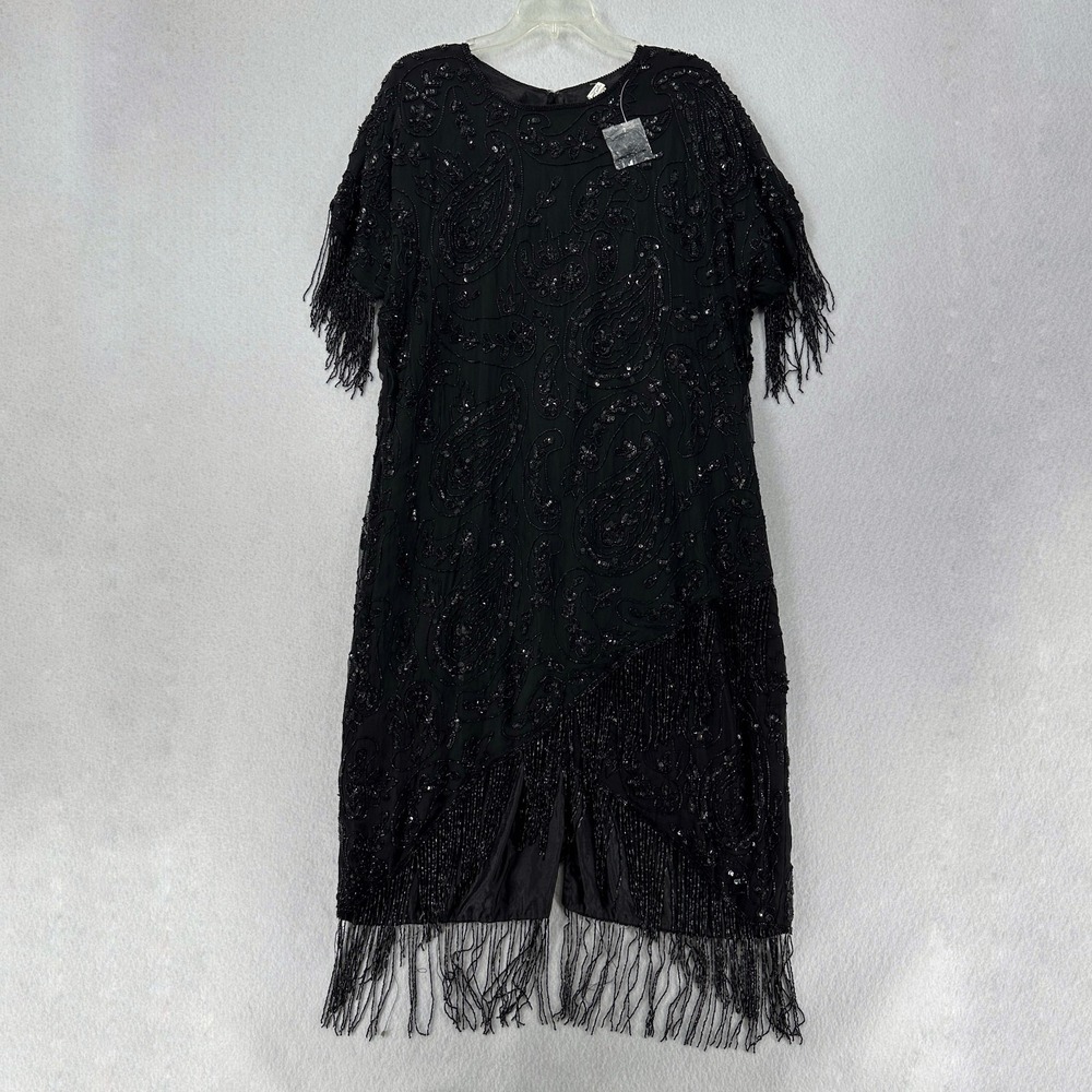 Silk Evening Dress Fully Beaded Tassle Short Sleeve Flapper Womens Large Black - Picture 1 of 8